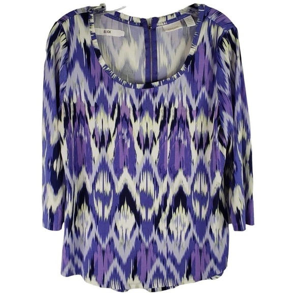 Chicos Tunic Shirt Women’s Size 1 US Medium M Purple Geometric Ikat Zip Back - Picture 2 of 10